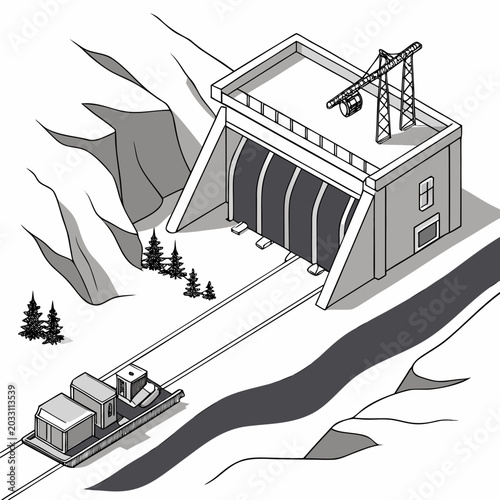 Fotografie Isometric vector illustration of an alpine hydroelectric power plant with surrou