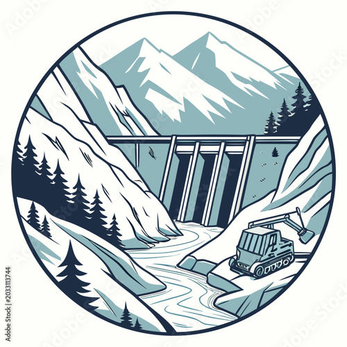 Fotografie Snowy alpine landscape with construction machinery a detailed vector illustratio