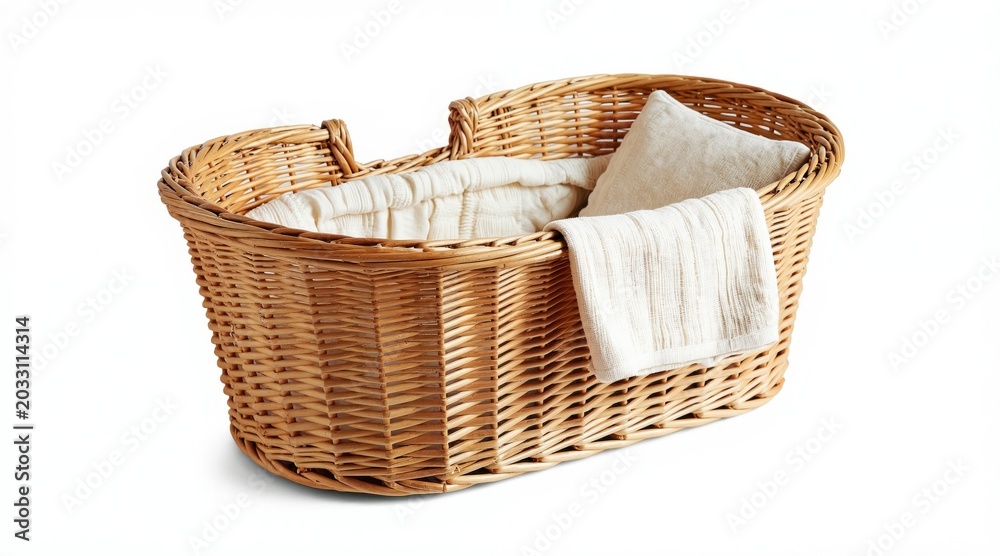 Obraz premium Natural wicker bassinet with soft bedding is perfect for newborn sleep. This compact cradle offers comfort and cozy space for baby. Lightweight design for easy portability and home use.