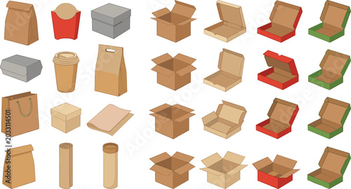 Obraz na plátně Cardboard Box and Fast Food Packaging Vector Mockup Set Featuring Kraft Paper Ba