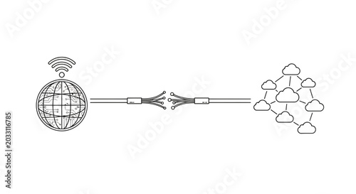 Foto A conceptual illustration showing a broken fiber optic cable disconnecting a global network from cloud computing infrastructure