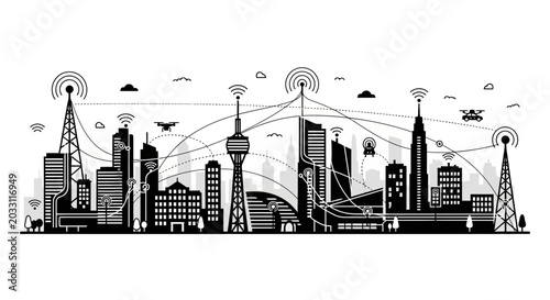 Foto A detailed black and white illustration of a modern smart city skyline with interconnected communication networks