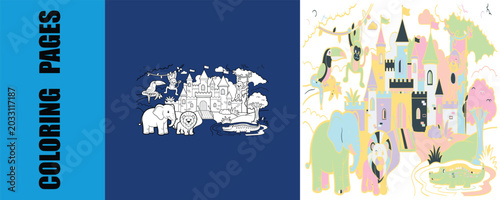 Canvas Print Children coloring page featuring cute jungle animals and a fairytale castle illu