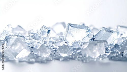 Clear Ice Cubes and Crushed Ice Scattered on Bright White Surface