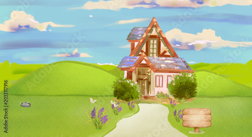 Whimsical digital painting of a cozy cottage in a rolling green landscape with flowers, butterflies, and a blank wooden sign for copy space.