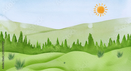 A soothing watercolor illustration of a serene natural landscape, featuring rolling green hills, a lush pine forest, a bright blue sky, and a warm, radiant sun