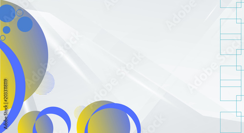 Abstract geometric background with blue and yellow circles on light gray, modern design with copy space, ideal for presentations, web, and branding use