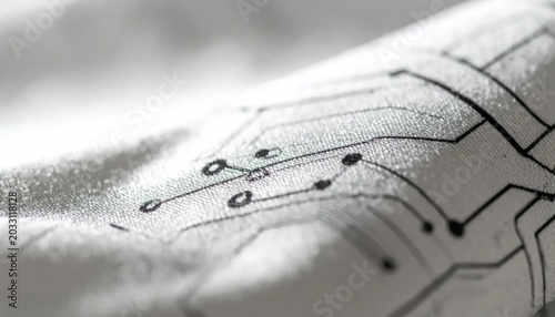 Close Up Circuit Pattern Printed on White Textured Fabric Surface