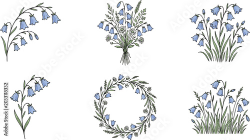 Foto Elegant bellflower bouquet and wreath vector illustrations