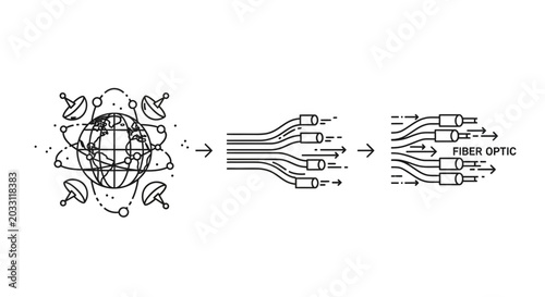 Quadro em tela A conceptual illustration showing global satellite communication data transmission through fiber optic cables