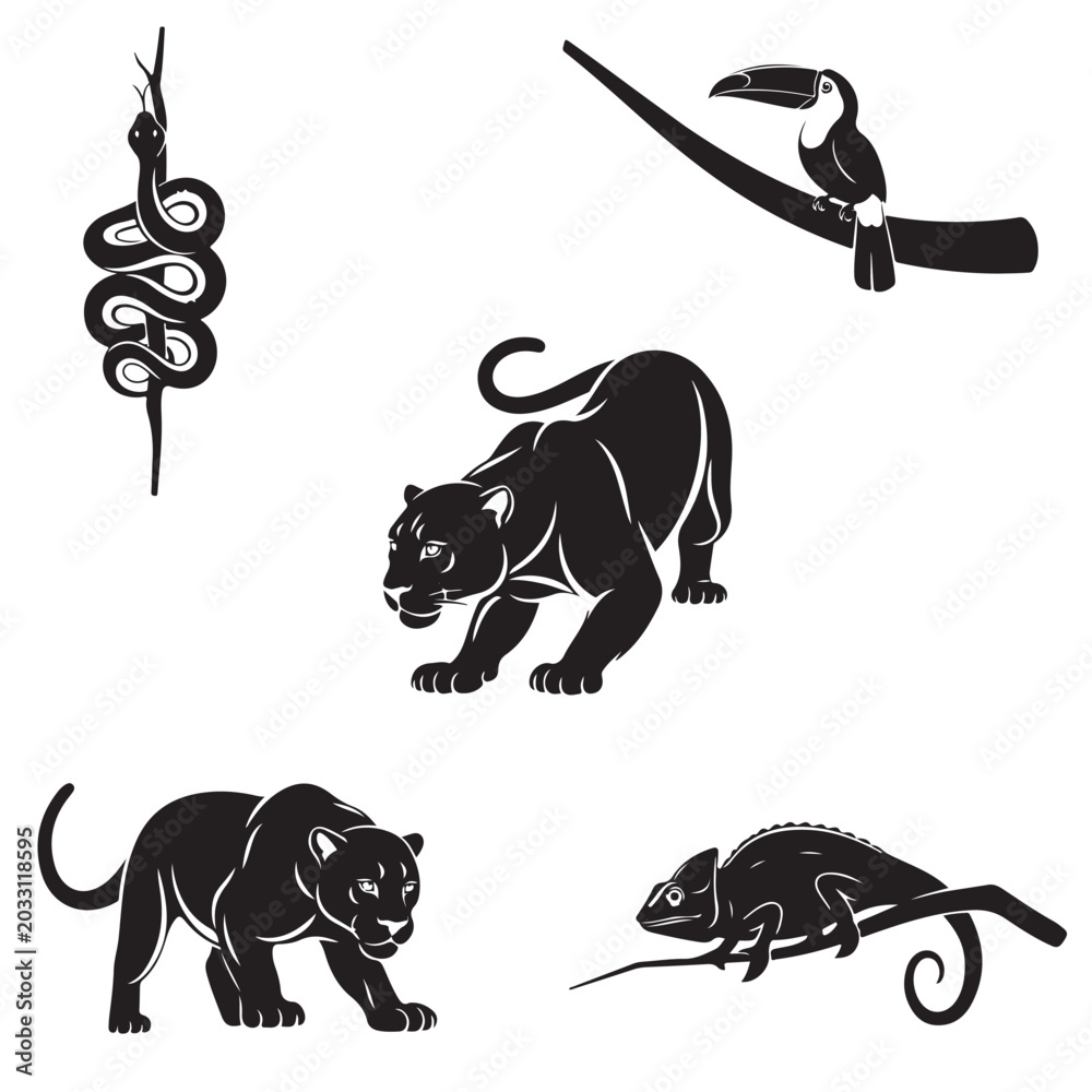 Obraz premium Collection of black animal silhouettes including panther, chameleon, toucan, and snake