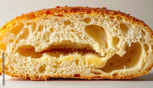 Close Up Crusty Bread Slice Showing Airy Crumb on Light Background
