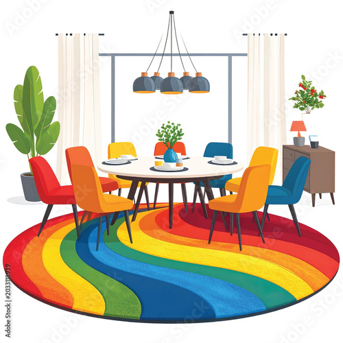 Colorful chairs around dining table.