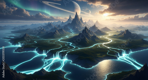 Aerial view of a fantasy landscape with glowing blue pathways winding through a mountainous terrain and body of water under a cloudy sky with a radiant sun.