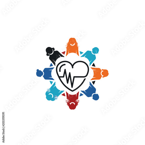 Diverse people holding heart icon for community healthcare charity.