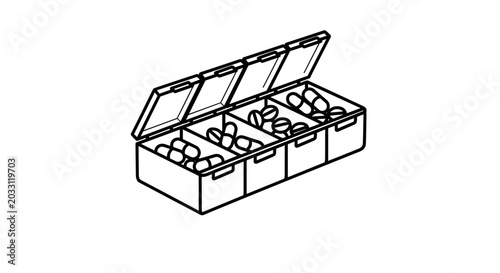 Black and white illustration of a pill organizer box with multiple compartments, each filled with capsules, on a white background