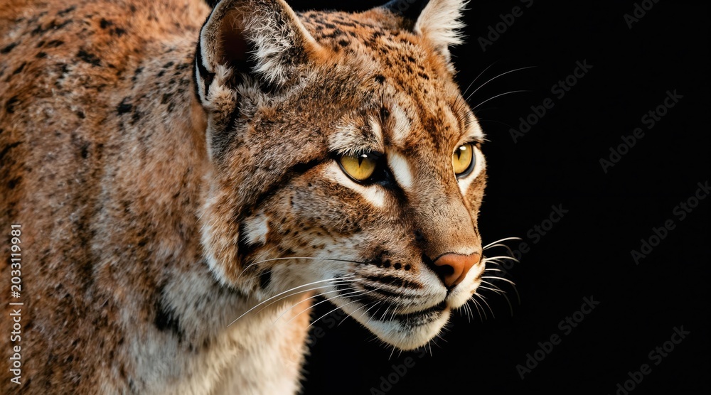 Fototapeta premium portrait with intense yellow eyes and spotted fur. This wild feline shows its alert nature against a dark backdrop, highlighting its natural beauty and predatory features.