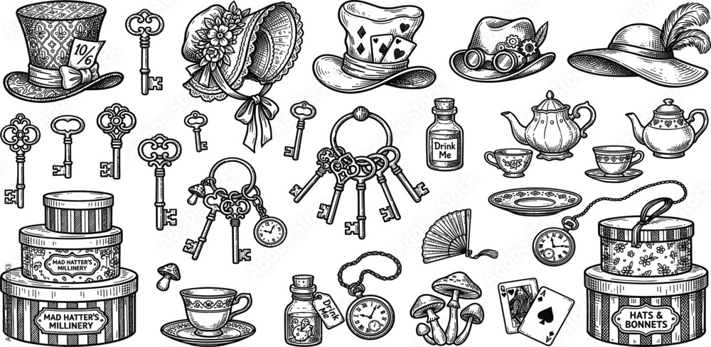 Obraz premium Vintage Wonderland Tea Party Illustration Set Featuring Antique Keys, Mad Hatter Accessories, Playing Cards, Pocket Watches, and Victorian Fantasy Elements Collection