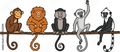 Photography Cartoon group of monkeys sitting on a tree branch, funny primates vector illustr