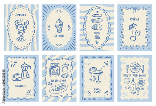 Italian summer stamp frame Mediterranean Amalfi coast postcards. Vintage Capri lemons, limoncello, sardines and lobster illustrations. Hand drawn vector doodle borders, whimsical seaside sketch icons
