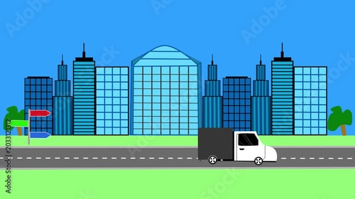 City skyline with modern office buildings and a delivery truck driving on a road in foreground animation