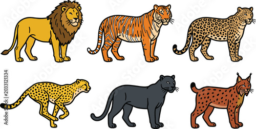 Photography Wild Big Cat Icon Set with Lion, Tiger, Leopard, Cheetah, Panther, and Lynx in C