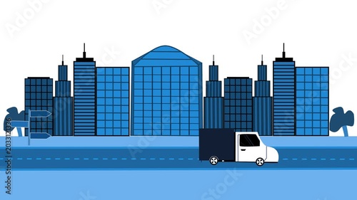 City skyline with modern office buildings and a delivery truck driving on a road in foreground animation