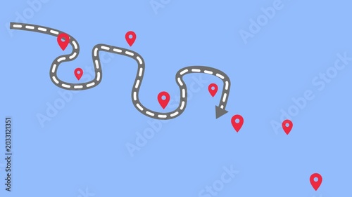 Stylized route with scattered location pins animation