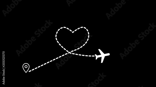 Airplane icon and dashed flight path curving from a map pin animation