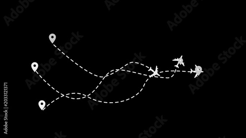 Minimalist travel animation with airplane icons and dashed flight paths connecting location pins