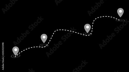 Map pins connected dashed curved path minimalist route animation