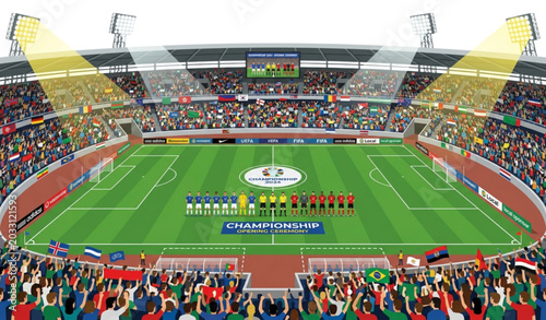 Tableau sur toile Realistic vector illustration of a professional football stadium with teams at c