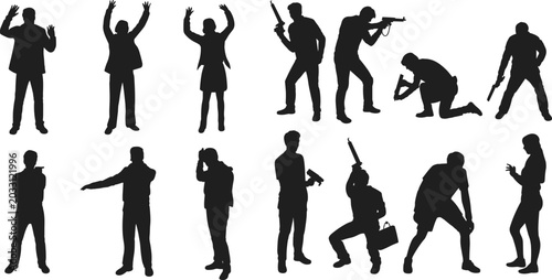 Photos Human action silhouettes, firearm poses, defensive stances, surrender gestures,