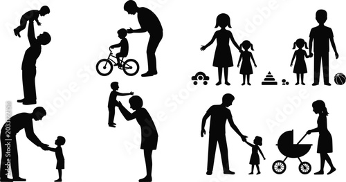 Foto Parenting silhouettes, family interaction, adult with child, playtime, stroller,