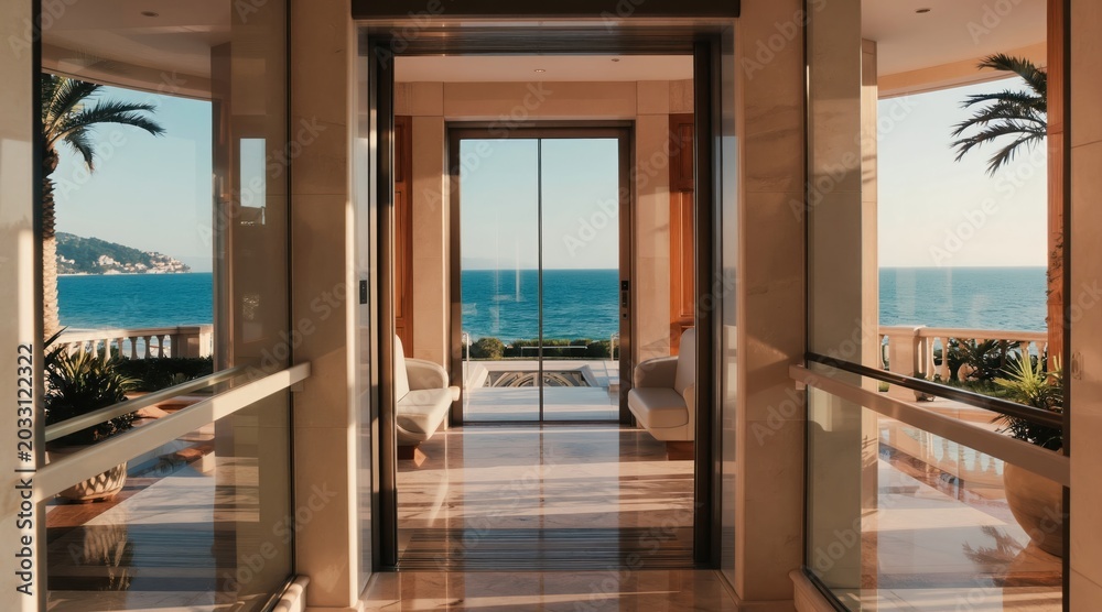 Fototapeta premium Modern glass elevator interior opens to ocean view. Sleek luxury resort design with seating, panoramic sea panorama. Tropical plants, balcony add natural beauty, sunlit marble floor reflects light.
