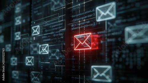 Glowing red email icon on digital interface screen. Virtual display of electronic mail messaging system. Cyber security and internet communication technology for global data connection.