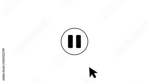 Mouse cursor clicking play button to pause in circle icon animation, minimalist black media player user interface controller on white background 4k video animation.