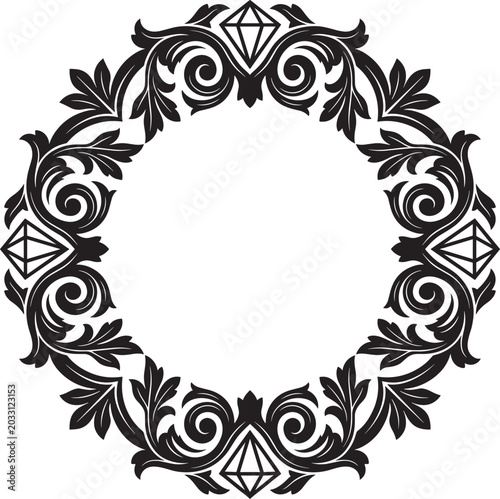 Baroque circular frame with acanthus leaves and diamond shapes for elegant classic vector.