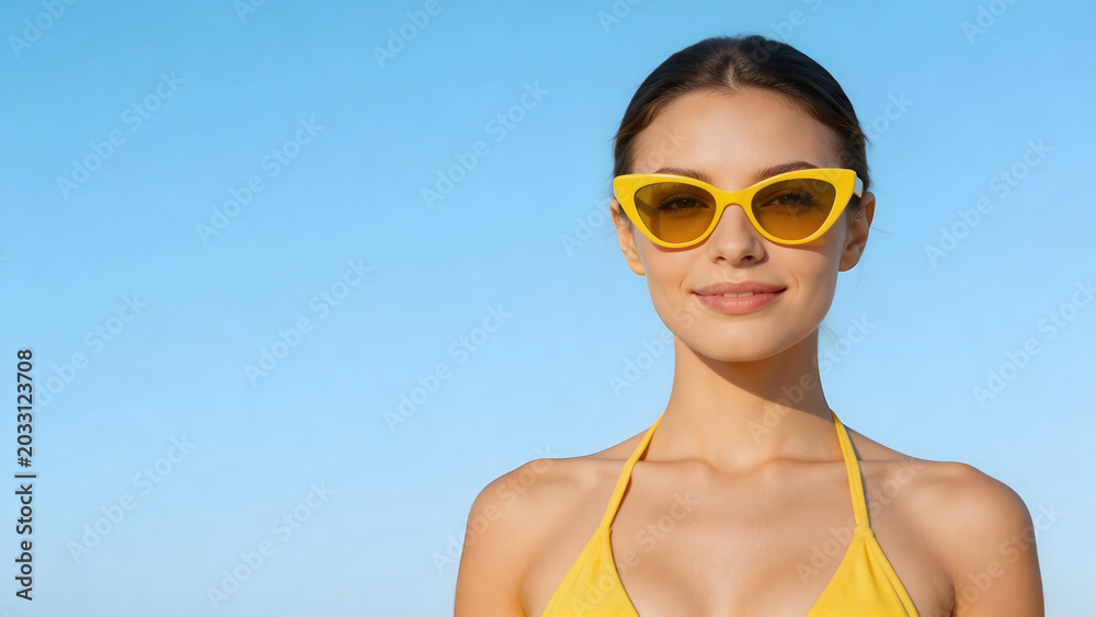 Fototapeta premium Woman in yellow bikini and sunglasses