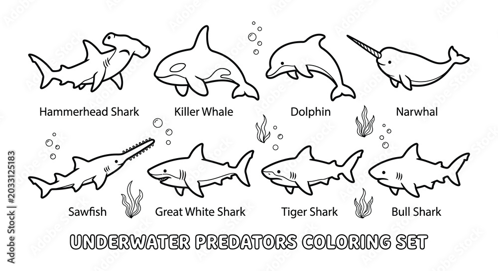 Fototapeta premium Underwater predators silhouette collection black vector shapes on white background