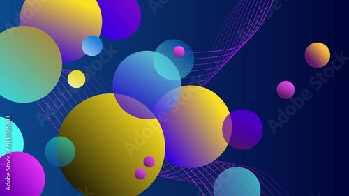 Abstract background with overlapping colorful gradient spheres and thin wavy lines animation