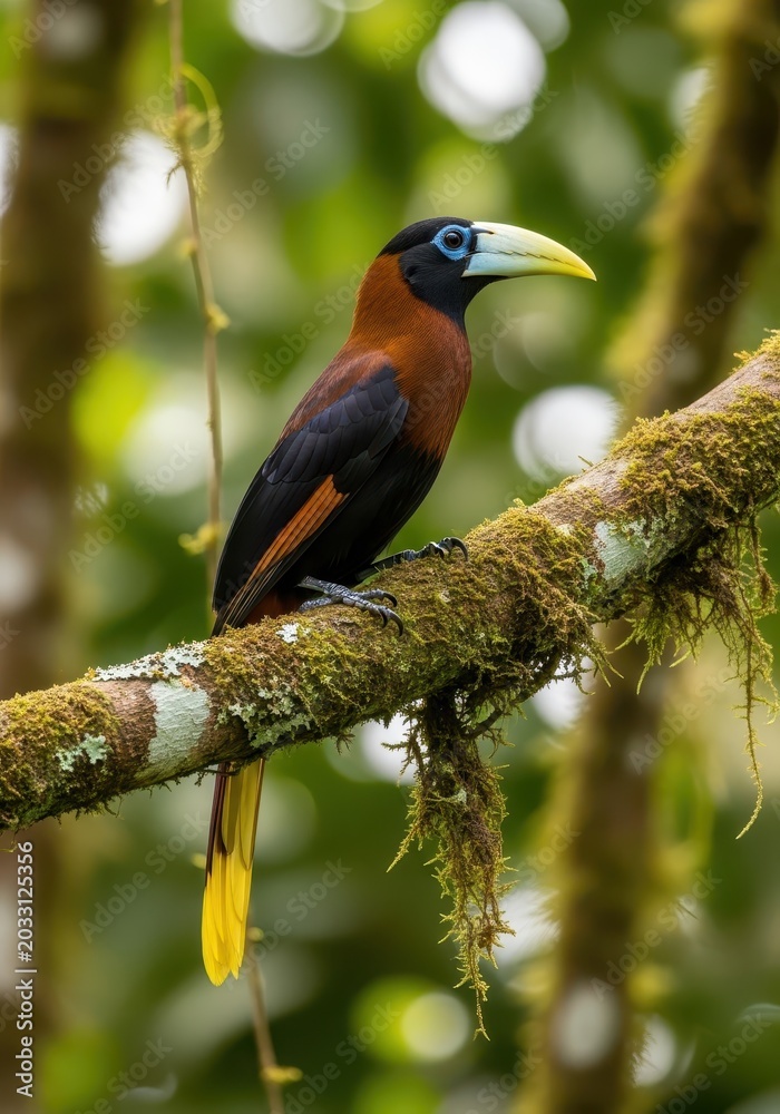 Obraz premium Exotic Plate-billed Mountain-Toucan Bird Resting on a Mossy Tree Branch in Lush Rainforest