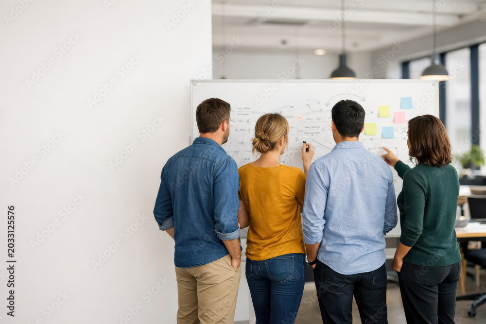 Obraz premium Four colleagues standing in a bright office looking at a whiteboard with sticky notes and diagrams while collaborating on a project during a meeting
