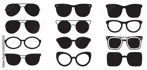 Set of black glasses and sunglasses icons, various shapes vector collection, fashion accessories.
