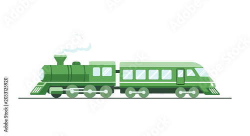 Foto Green Steam Locomotive and Passenger Carriage Vector Illustration