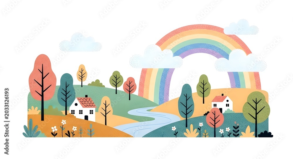 Fototapeta premium Idyllic countryside landscape with rolling hills and a rainbow. Rural lifestyle, nature scenery and peaceful environment. Small white houses nestled in a lush green valley with flowers