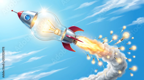 conceptual rocket built from glowing light bulb flying fast across bright blue sky with smoke trail releasing small light bulbs creative business startup and inspiration concept