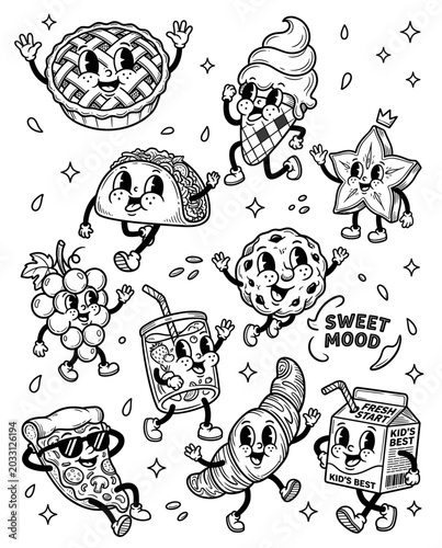 Canvas Print Retro cartoon food mascot set