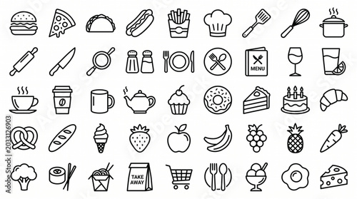 Food icons illustrate various culinary items and dishes on a white background
