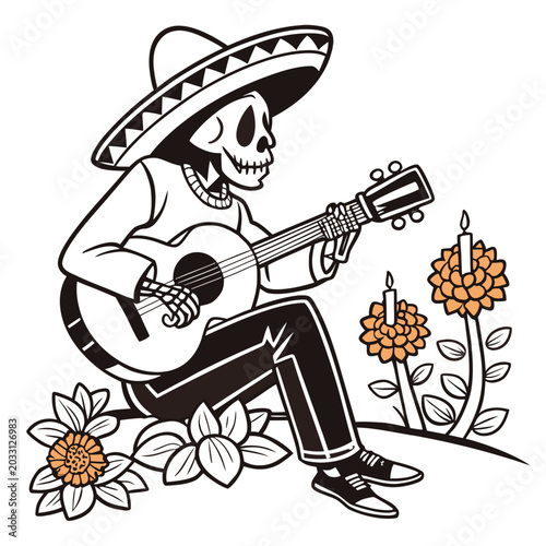 Fotografía Skeletal guitarist wearing a sombrero plays a six string instrument beside flowe